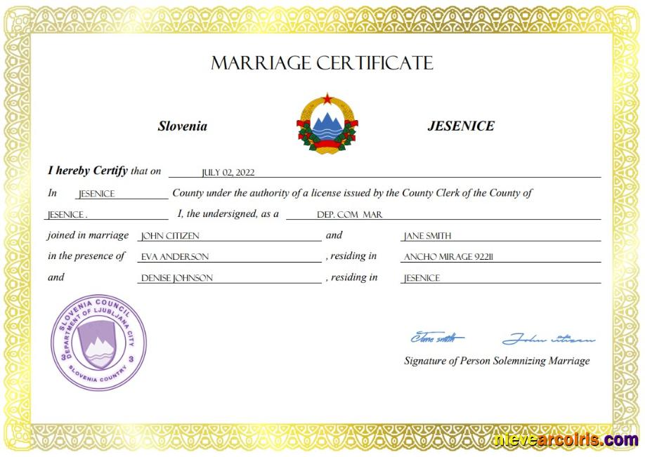Slovenia marriage certificate